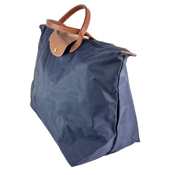 LONGCHAMP Le Pliage Navy Blue Canvas Brown Leather Trim Travel Tote Bag - Picture 5 of 13
